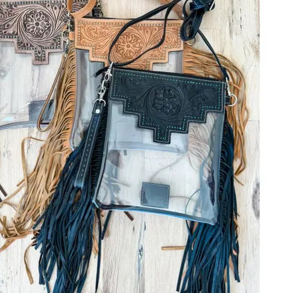 Boho Ranch Shop Handbags - Shayne Large Hand Tooled Fringe Clear Crossbody Stadium Bag